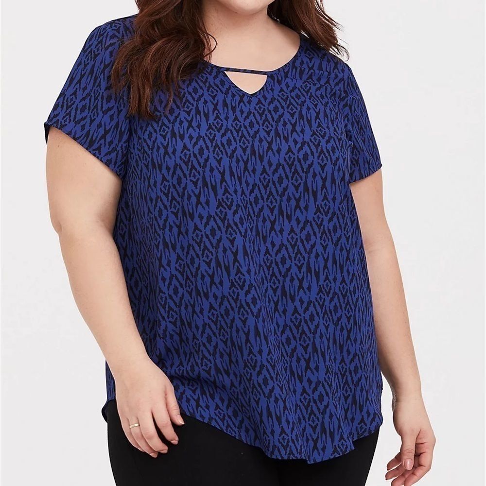 TORRID Blue Ikat Mania Keyhole Georgette Blouse